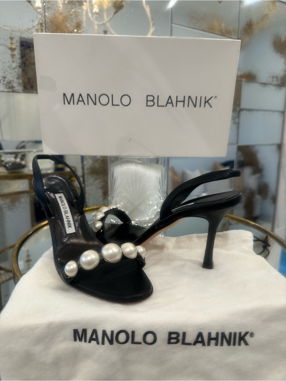Manolo Blahnik Black Slingback Heels with Pearl Embellishments